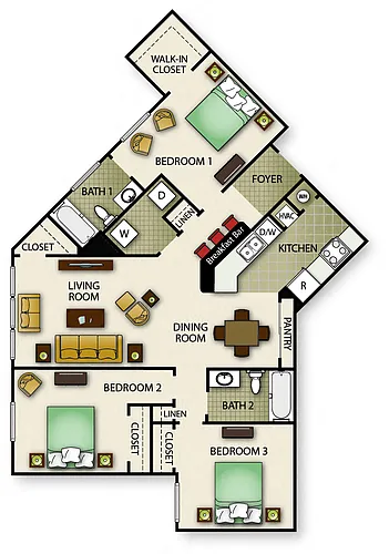 Floor plan Three Bedroom Two Bath (b)