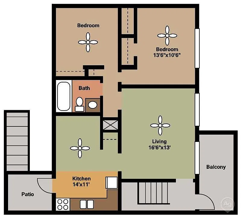 Floor plan 2 Bedrooms, 1 Bathroom
