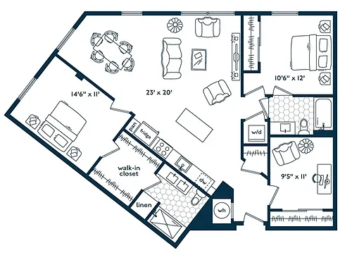 Floor plan Two Bedroom Two Bath Den (1335 SF)