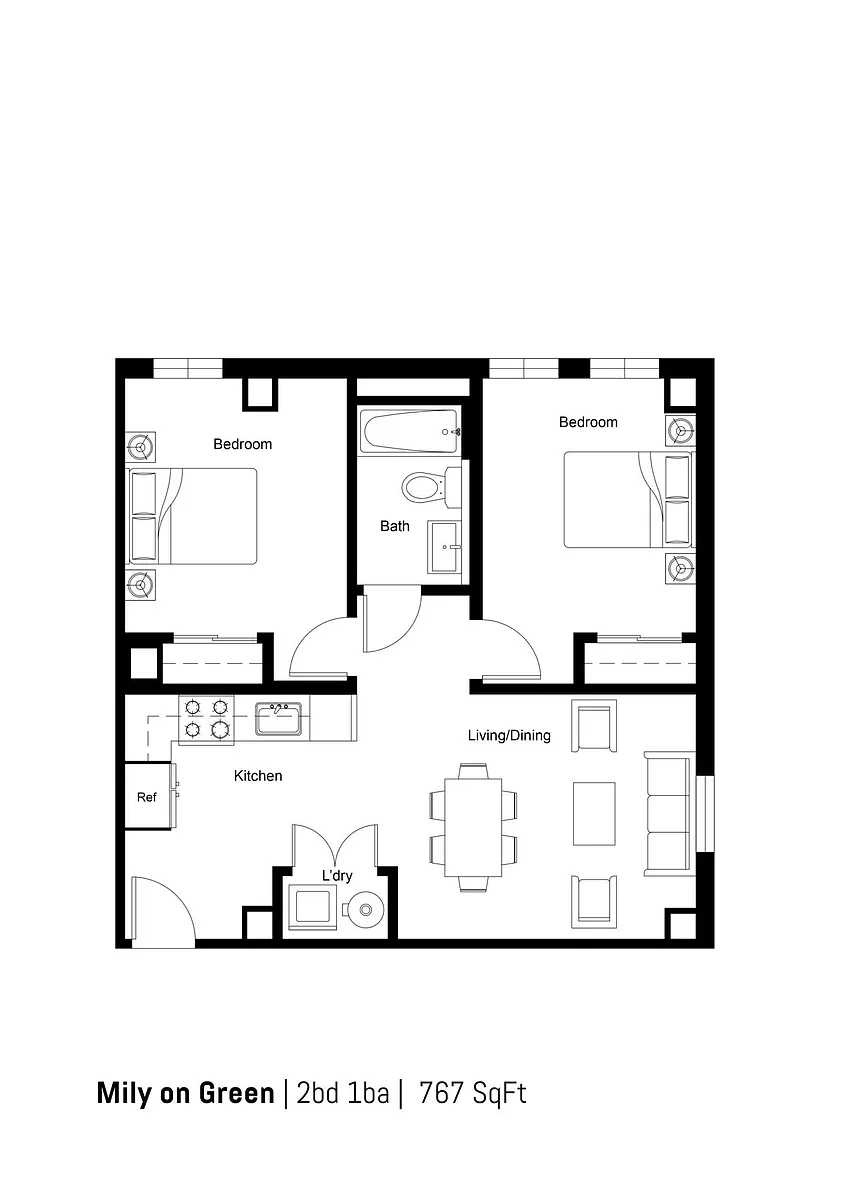 Floor plan 2B1B-D 767sf