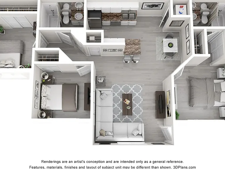 A 3D floor plan rendering of The Catalina.
