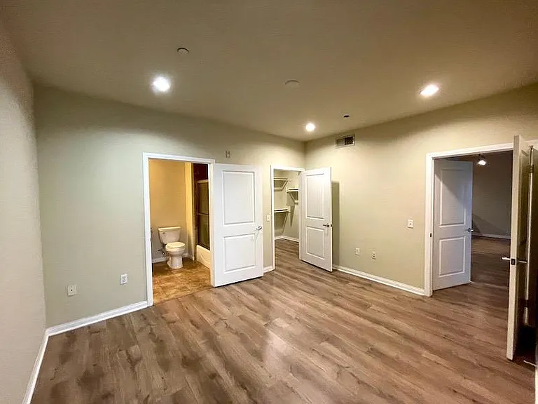 Master bedroom reverse view to the bathroom, huge walk in closet and door to the living area.