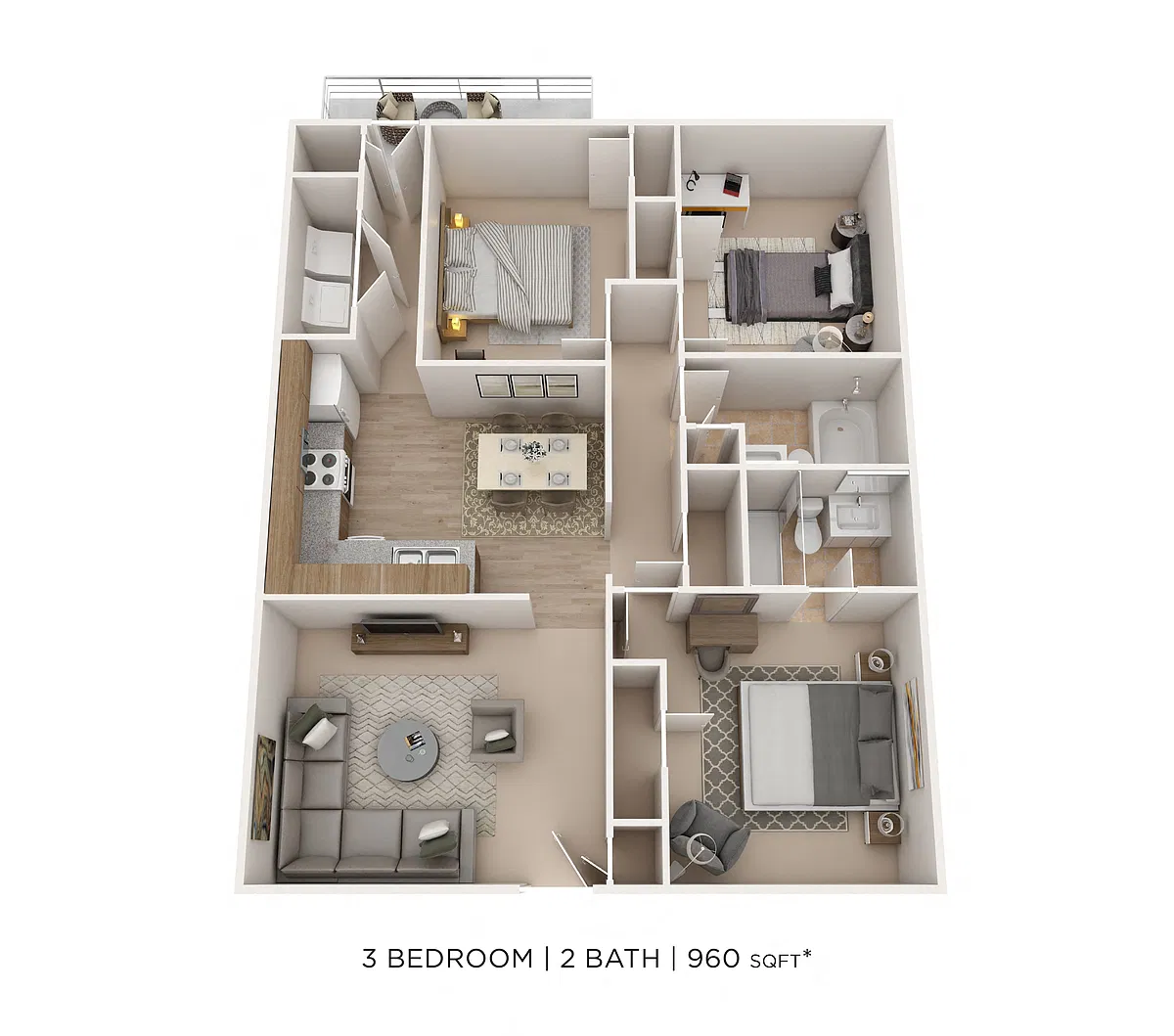 Floor plan Three Bedroom 2 Bath