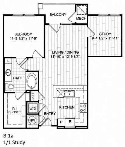 Floor plan 1 Bed, 1 Bath, Study - B1a