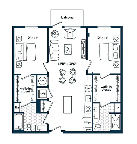 Floor plan Two Bedroom Two Bath (1073 SF)