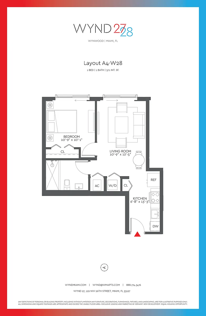 Floor plan W28 - 1BR 1BA (571 SF)