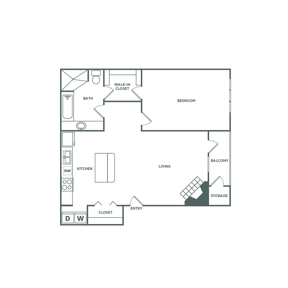 Floor plan One Bedroom One Bath (700 SF)