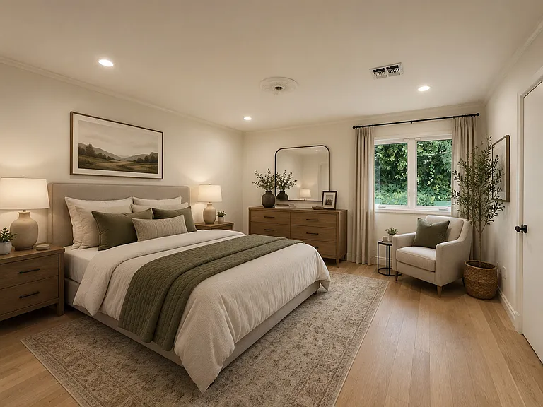 Elegant dresser vignette with mirror and a cozy reading nook completes this designer primary bedroom in a Beverly Hills luxury rental at 1094 Garden Lane, a sought-after 90210 lease.