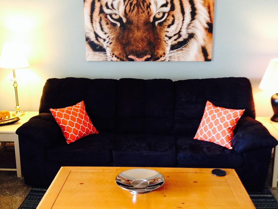 Living area - couch, chair, tables, Clemson wall hanging