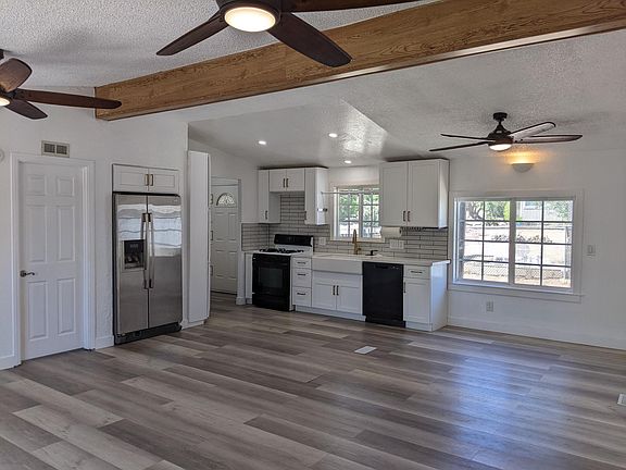 view from living area into kitchen