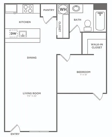 Floor plan One Bedroom One Bath (603 SF)