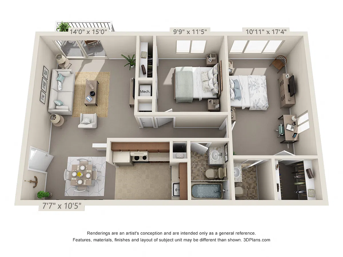 Floor plan 2 Bedroom, 1 1/2 Bath 823 (Patio) (Fireplace Avail