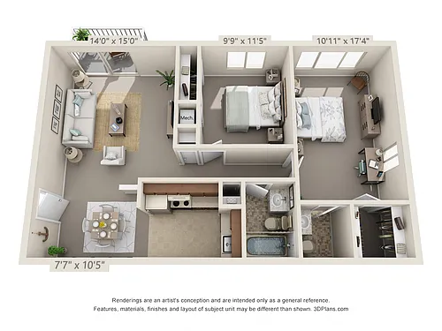 Floor plan 2 Bedroom, 1 1/2 Bath 823 (Patio) (Fireplace Avail