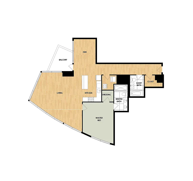 Floor plan Tower 1 Bed/2 Bath Den-Fir