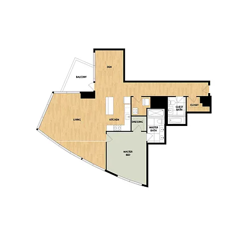 Floor plan Tower 1 Bed/2 Bath Den-Fir