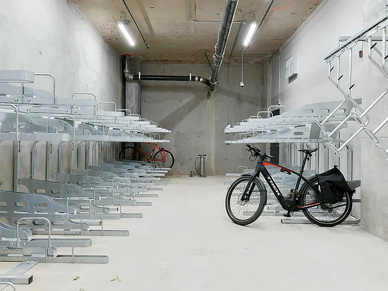 Bike-friendly living with on-site bicycle storage and repair station