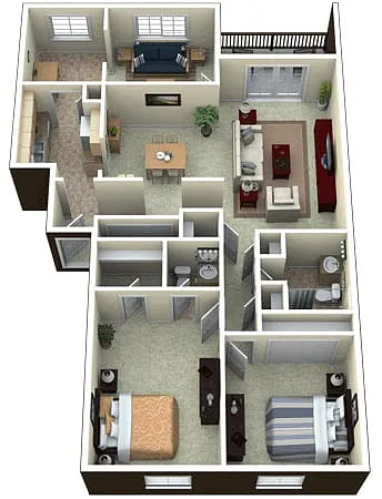 Floor plan 2 Bed 2 Bath with Den