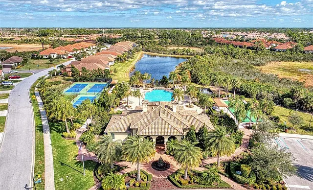 Aerial of community club house and pool