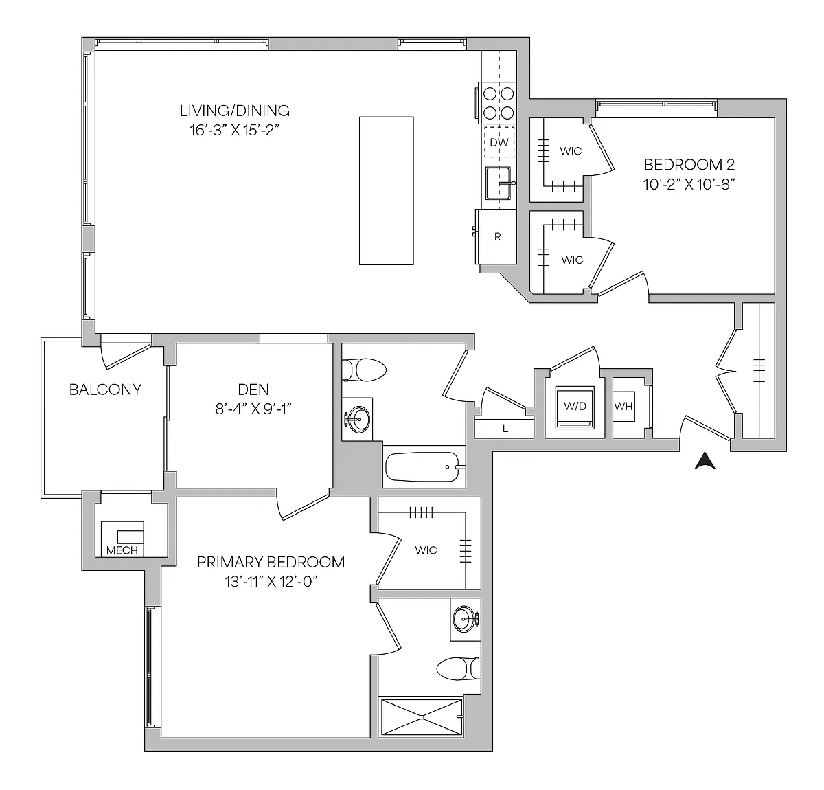 Floor plan B12 - 2BR 2BA (1199 SF) with Den