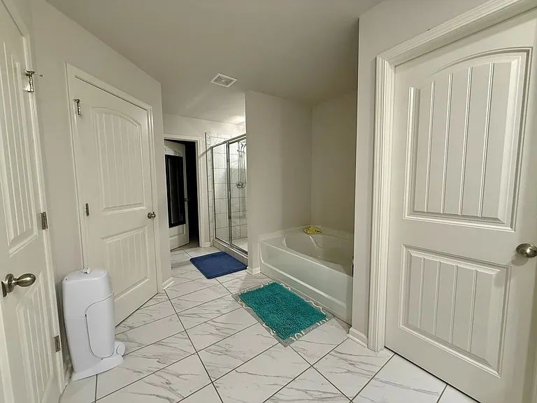 Primary bathroom with bath tub and walk in shower