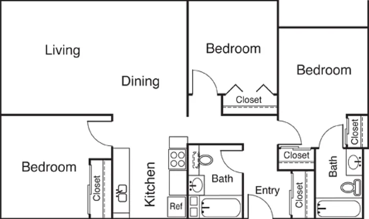 3 Bed 2 Bath Floorplan Diagram