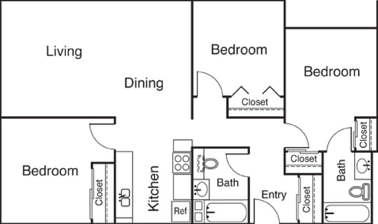 3 Bed 2 Bath Floorplan Diagram