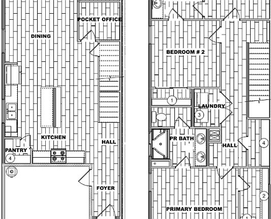 Floor plan of a two-story house showing a garage, kitchen, dining area, great room, mud room, office