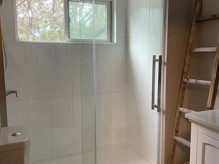 bathroom with lake view. Single sink