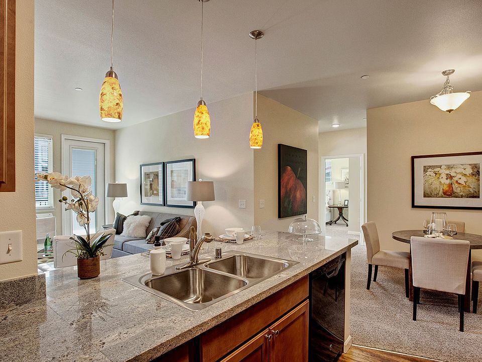 A kitchen with our sleek appliances and stone countertops with a view into the dining area and living room