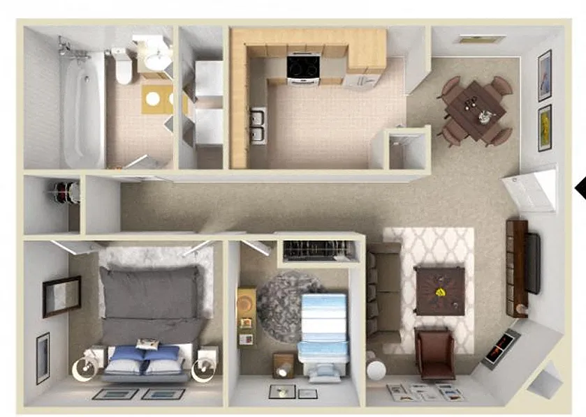 Floor plan 2 Beds, 1 Bath w Fireplace