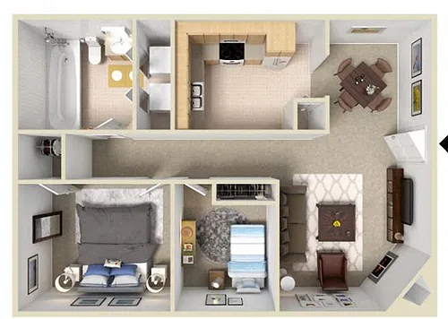 Floor plan 2 Beds, 1 Bath w Fireplace