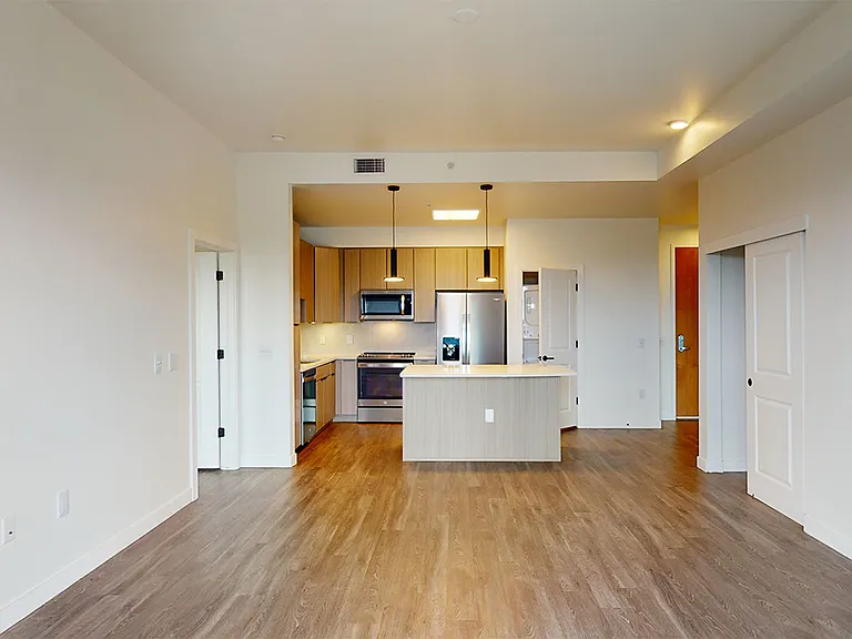 Apartment kitchen with stainless steel appliances, dining and living room with wood-style flooring.