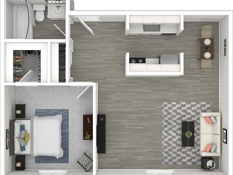 One-Bedroom, One-Bathroom Floor Plan Rendering One-Bedroom, One-Bathroom Floor Plan Rendering