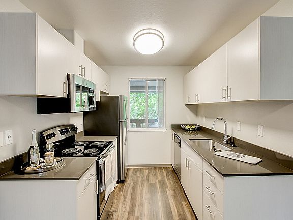 Galley style kitchen with hardwood style vinyl flooring and stainless steel appliances.