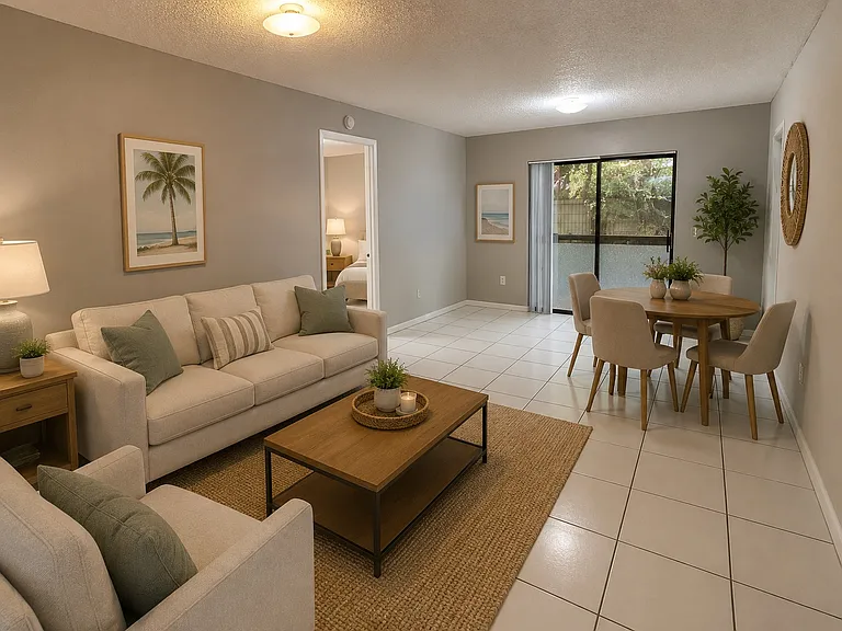 Staged with AI. Living room and dinning room.