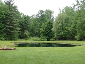 Large pond complete with a beach and plenty of green grass