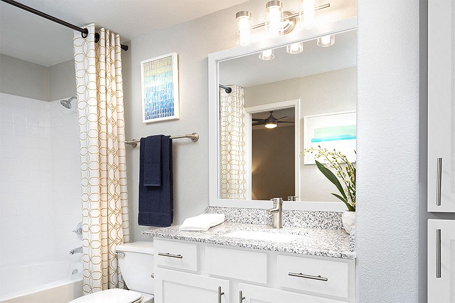 Contemporary bathrooms with framed mirrors
