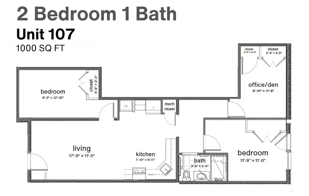 Floor plan 2BD 1BA with a Den