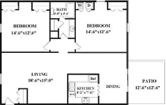 Two bedroom, one bathroom. Not all have washer/dryer connections or patio/balcony. Actual layout may be slightly different than floorplan shown. Two bedroom, one bathroom. Not all have washer/dryer connections or patio/balcony. Actual layout may be slight