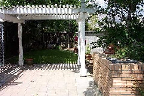 Covered patio and shaded backyard