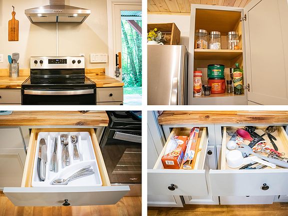 Fully stocked kitchen with stove, basics for cooking, and utensils