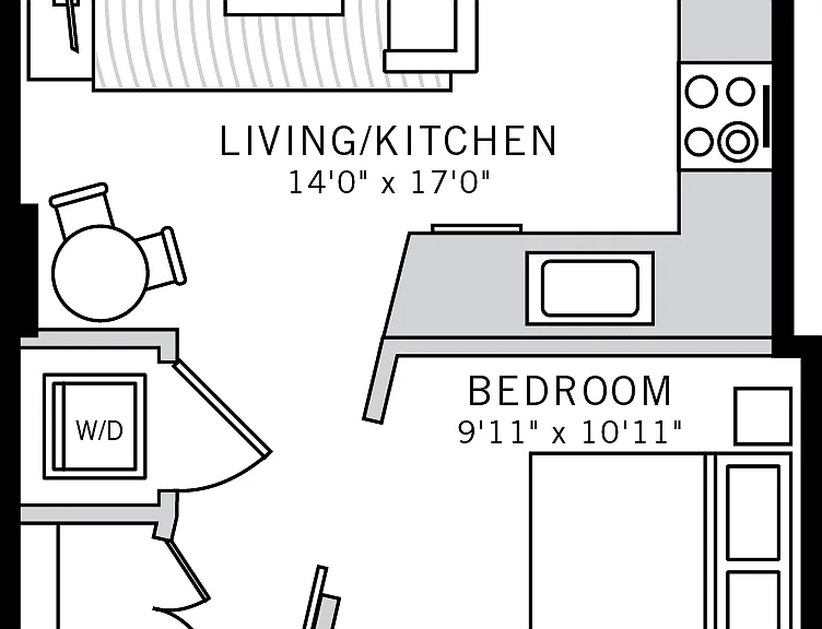 1 bedroom 1 bath apartment with dining area, walk in closet, patio and 571 sq ft