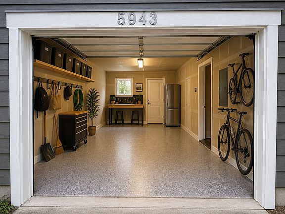 Garage and storage ideas! Rendered by Portfolio Property Management. Images are virtually staged using AI to showcase the home's potential. Actual layout and finishes are accurate; furnishings are not included.