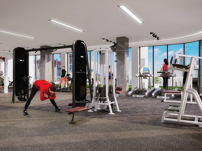 Modern Fitness Center with Floor to Ceiling Wraparound Windows & Inspiring Views | Apartments for Rent in Downtown Miami | Grand Station