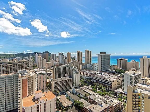 View of downtown Waikiki buildings and ocean