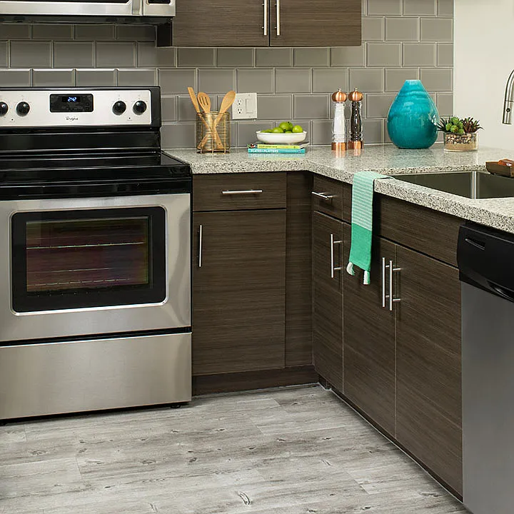 Apartment Kitchen with Stainless Steel Appliances, quartz counters and wood-like floors.
