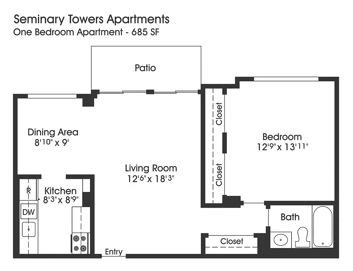 Floor plan 1BR 1BA (685sf)