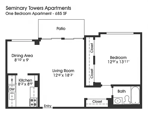 Floor plan 1BR 1BA (685sf)