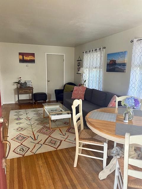 The living room has a pull out couch and closet for storage