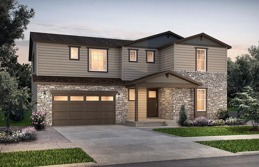 The Stanwood shown in Elevation A designed with classic shake siding, pitched gable roofs, and styli